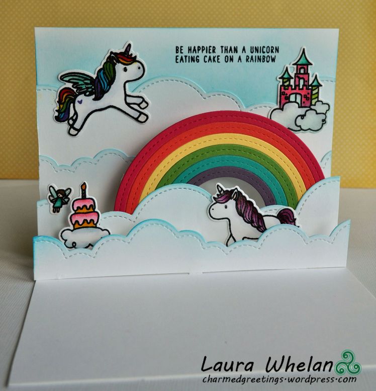 Interactive pop-up card using Mama Elephant Unicorns & Rainbows stamp and die set.
