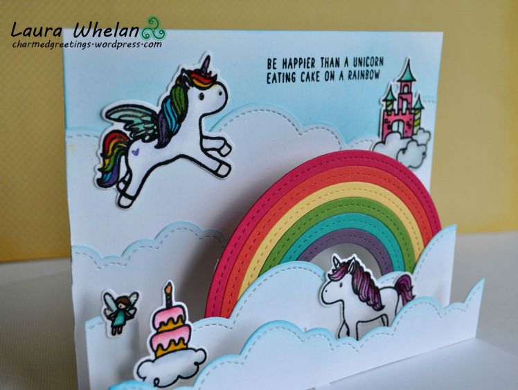 Interactive pop-up card using Mama Elephant Unicorns & Rainbows stamp and die set.