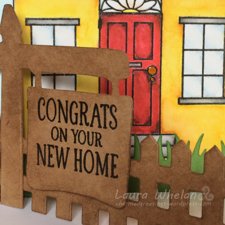New Home handmade shaped card watercolored with Zig Clean Color Real Brushes using Avery Elle Welcome Home Stamp and Neat & Tangled Welcome Home Stamp and Die.
