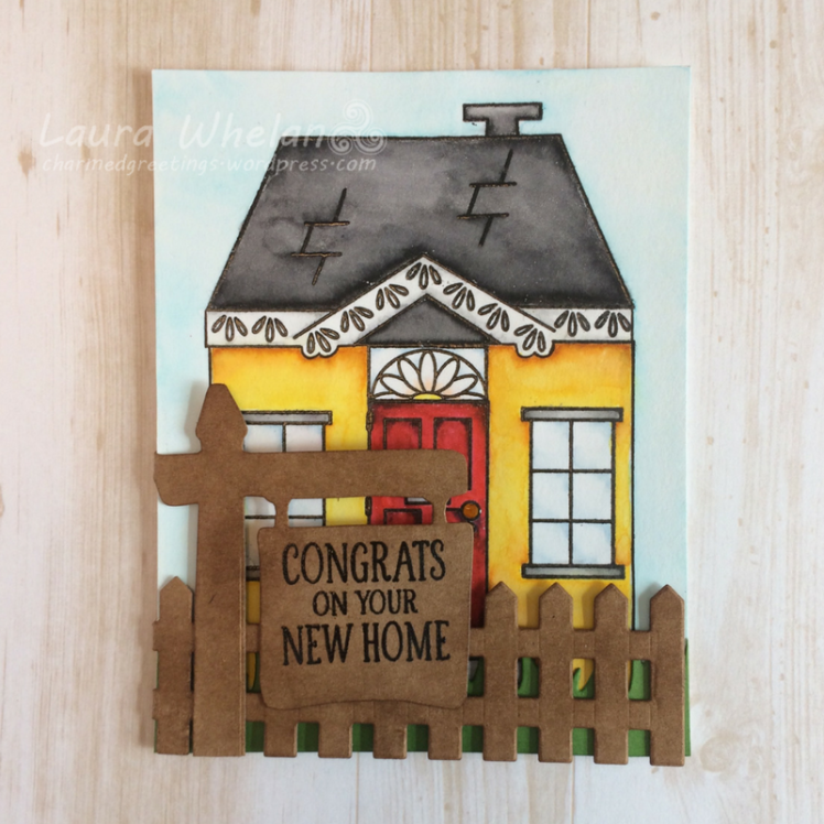 New Home handmade shaped card watercolored with Zig Clean Color Real Brushes using Avery Elle Welcome Home Stamp and Neat & Tangled Welcome Home Stamp and Die.