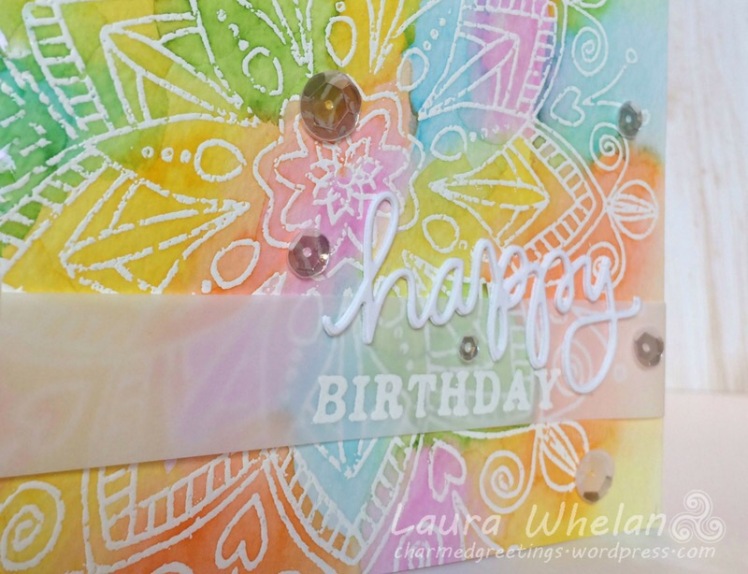 Rainbow watercolor birthday card using heat embossing resist technique and Zig Clean Color Real Brushes.